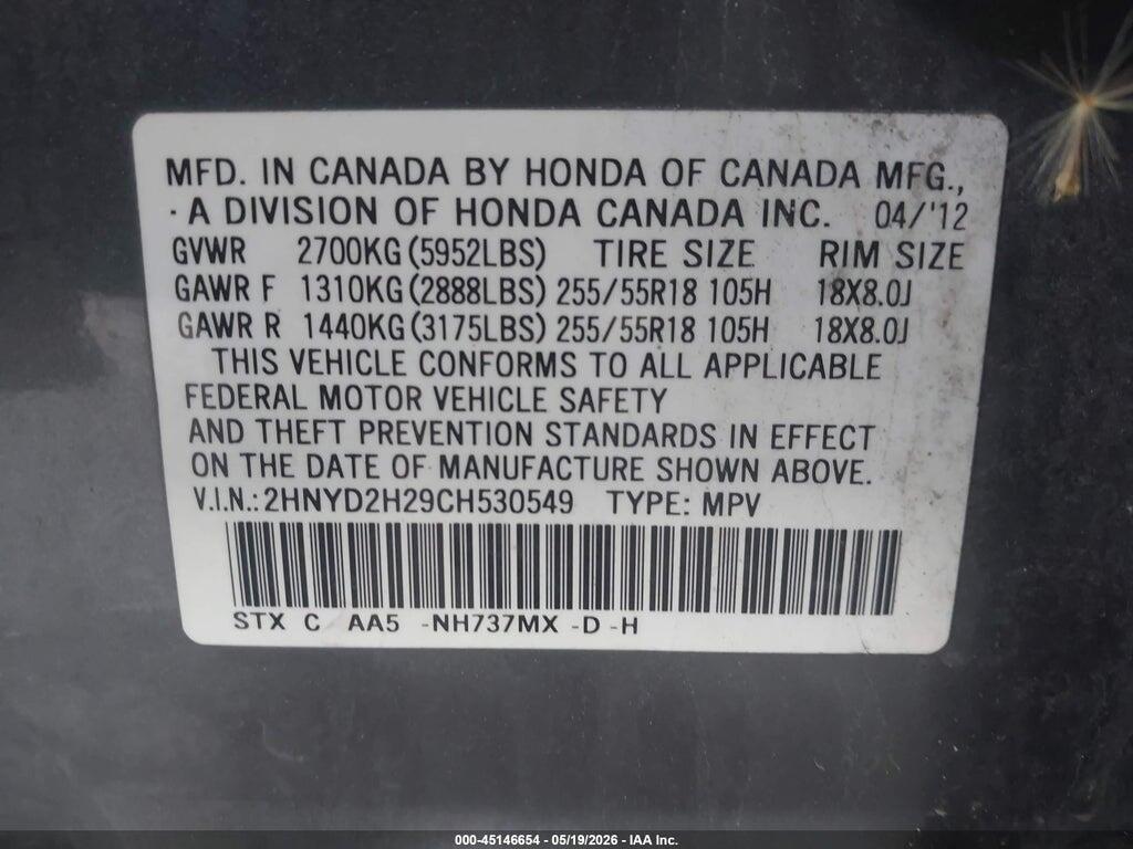 2HNYD2H29CH530549 2012 ACURA MDX photo no. 9