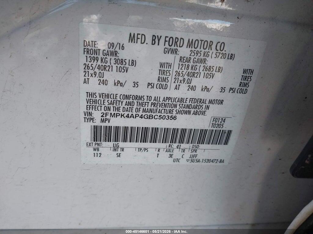 2FMPK4AP4GBC50356 2016 FORD EDGE photo no. 9