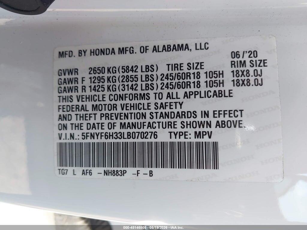5FNYF6H33LB070276 2020 HONDA PILOT photo no. 9