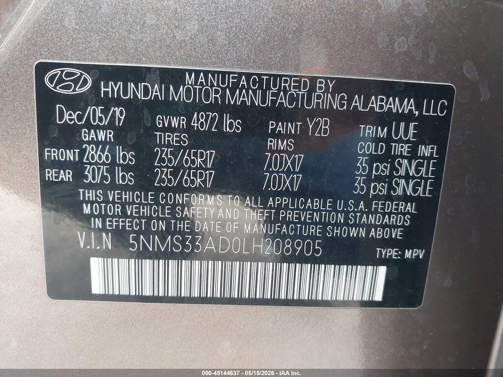 5NMS33AD0LH208905 2020 HYUNDAI SANTA FE photo no. 9