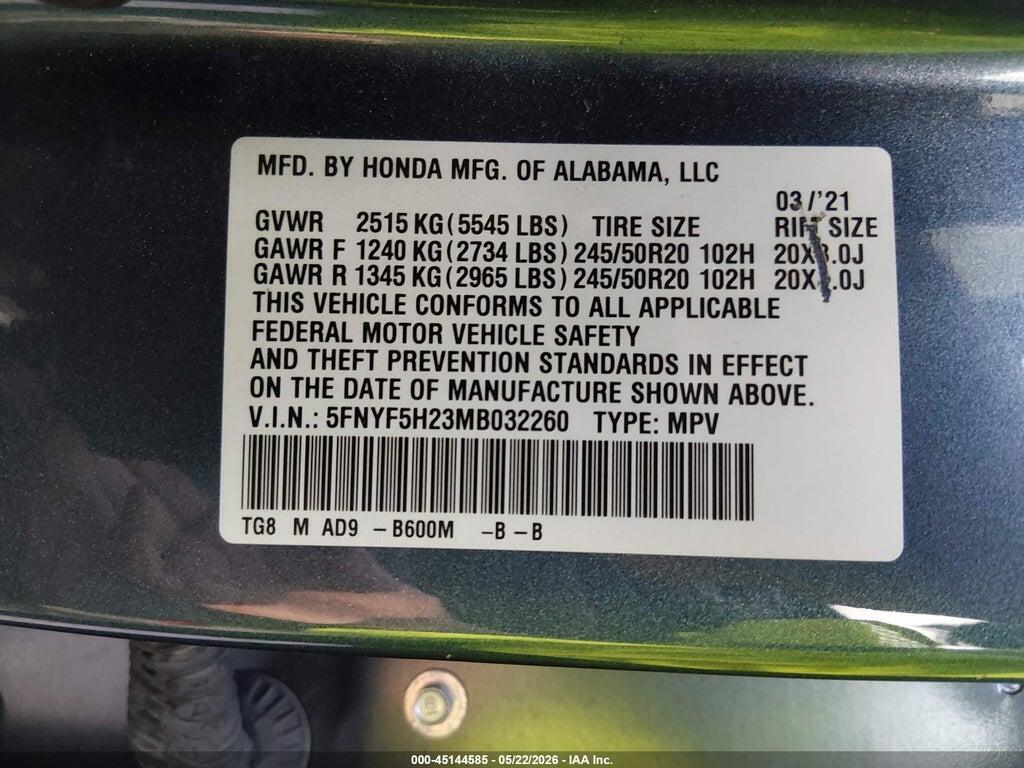 5FNYF5H23MB032260 2021 HONDA PILOT photo no. 9