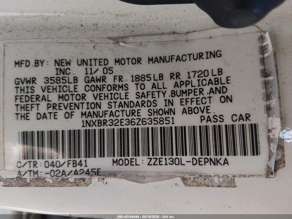 1NXBR32E36Z635851 2006 TOYOTA COROLLA photo no. 9