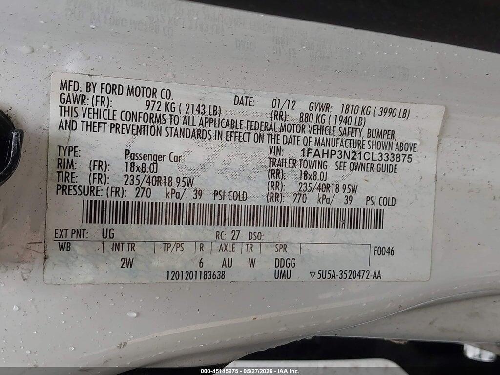 1FAHP3N21CL333875 2012 FORD FOCUS photo no. 9