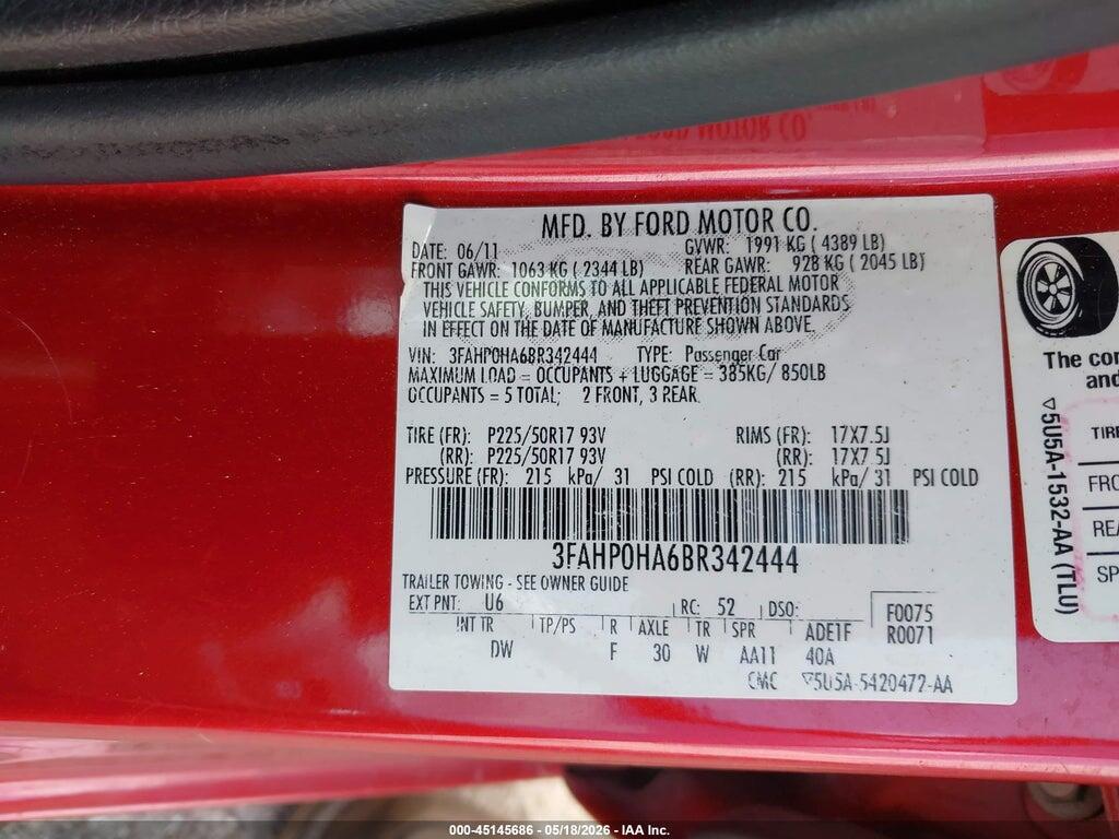 3FAHP0HA6BR342444 2011 FORD FUSION photo no. 9
