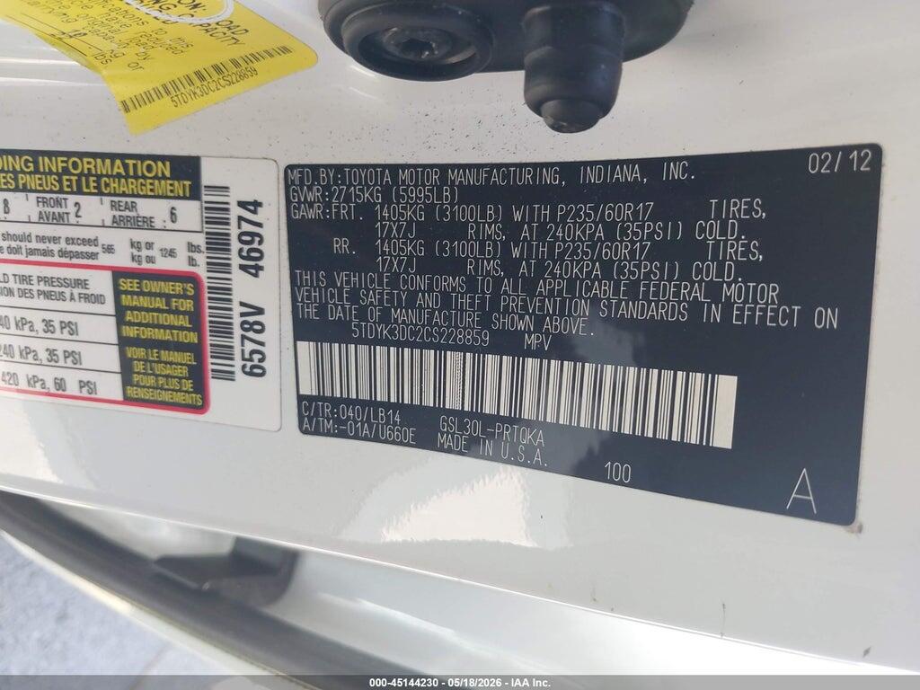 5TDYK3DC2CS228859 2012 TOYOTA SIENNA photo no. 9