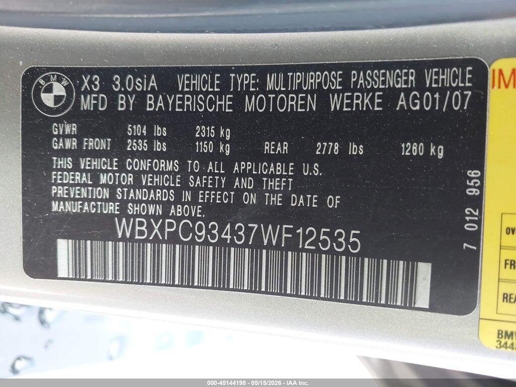 WBXPC93437WF12535 2007 BMW X3 photo no. 9