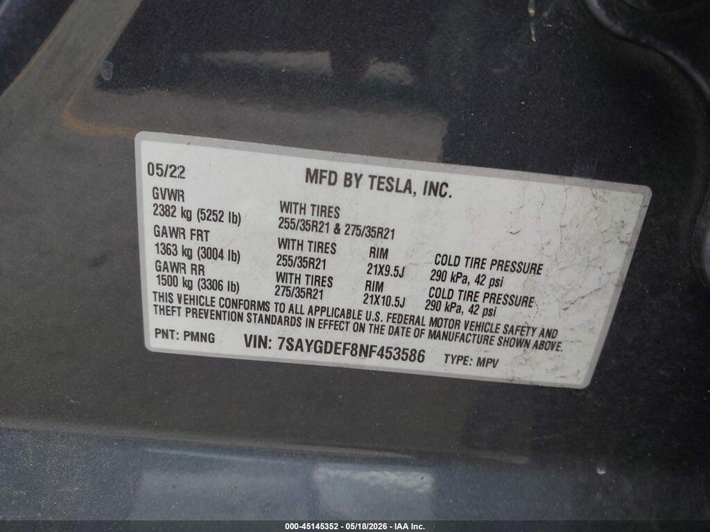 7SAYGDEF8NF453586 2022 TESLA MODEL Y photo no. 9