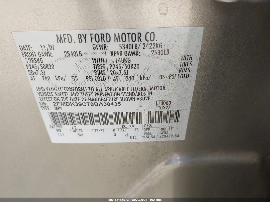 2FMDK39C78BA30435 2008 FORD EDGE photo no. 9
