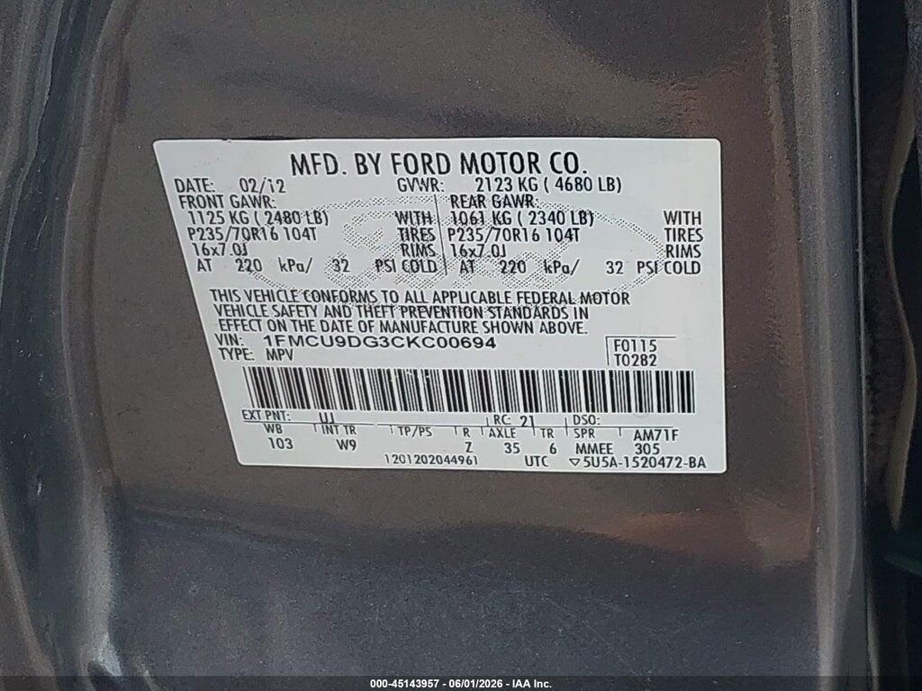 1FMCU9DG3CKC00694 2012 FORD ESCAPE photo no. 9