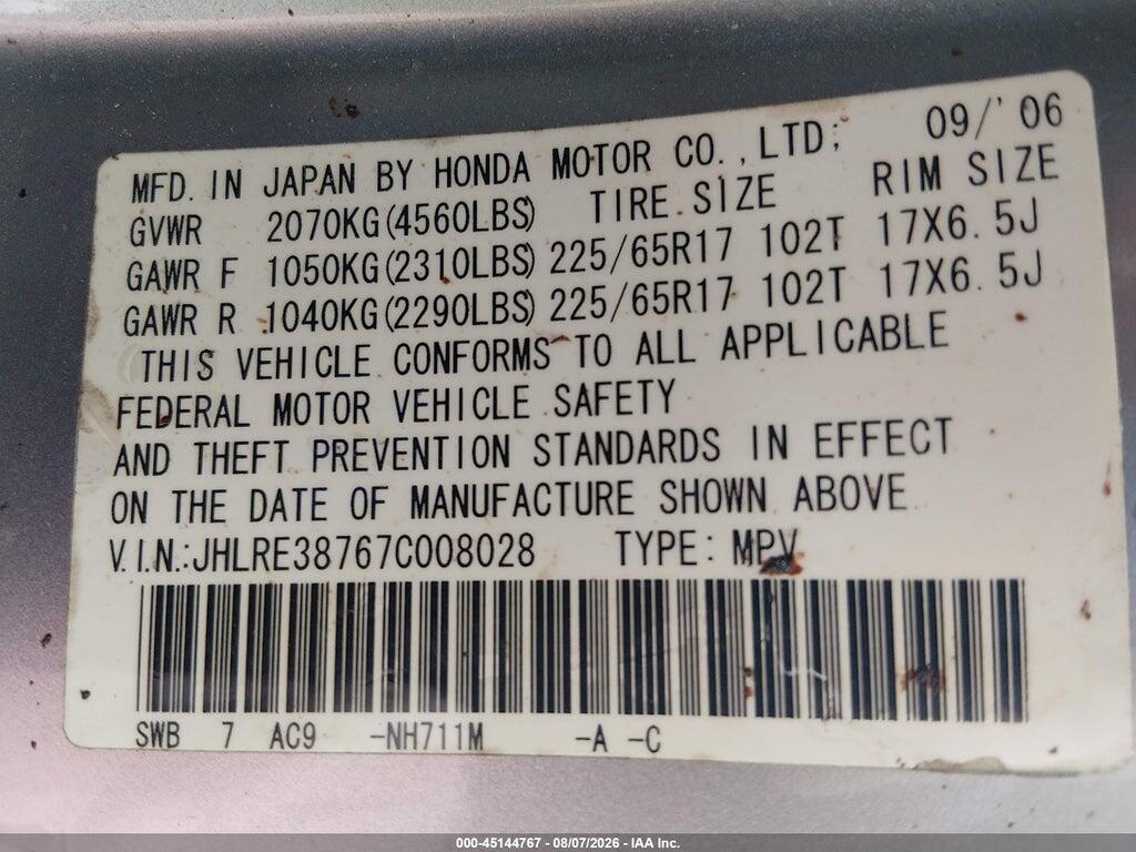JHLRE38767C008028 2007 HONDA CR-V photo no. 9