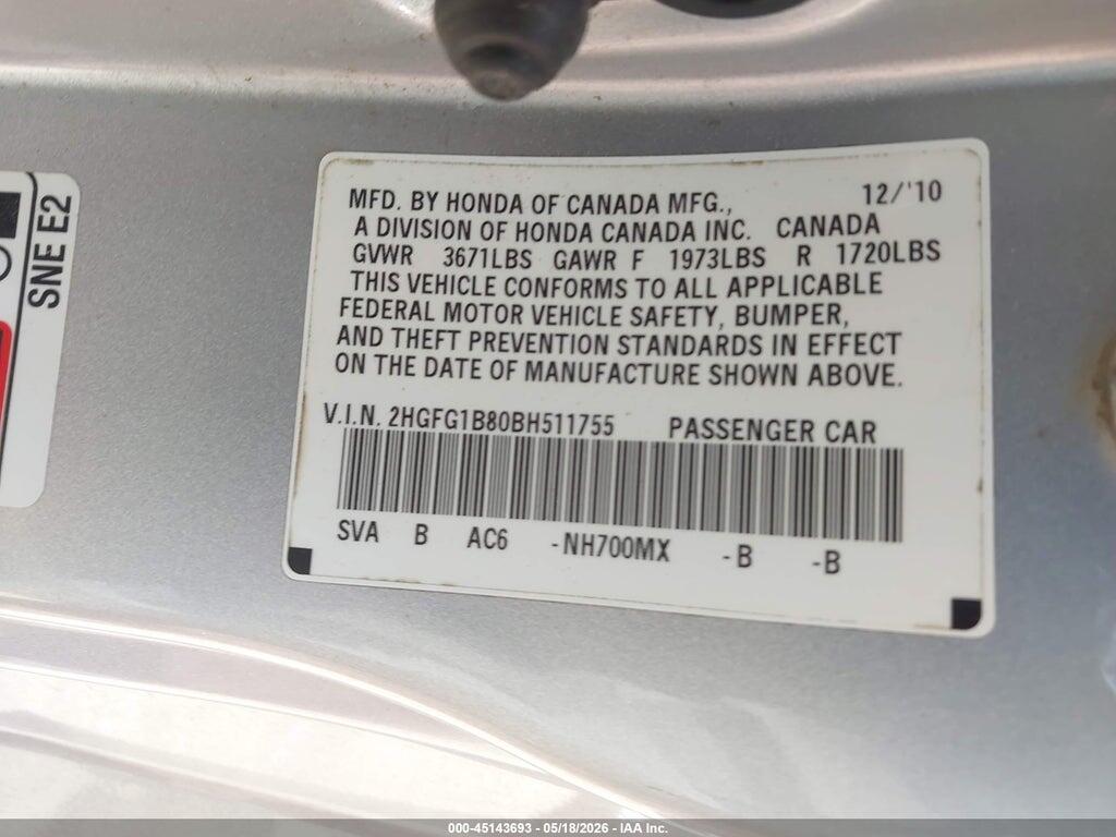 2HGFG1B80BH511755 2011 HONDA CIVIC photo no. 9
