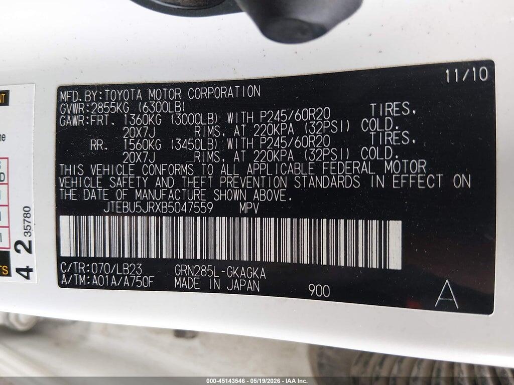 JTEBU5JRXB5047559 2011 TOYOTA 4RUNNER photo no. 9