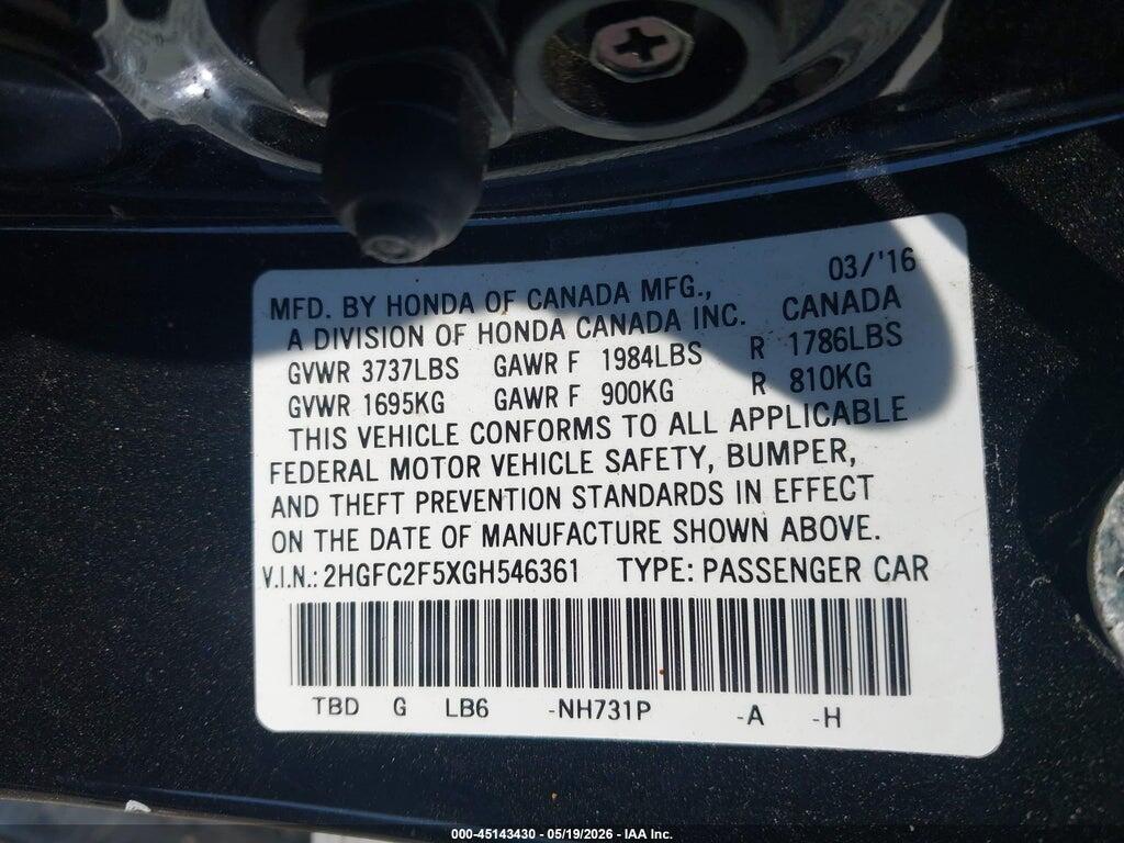 2HGFC2F5XGH546361 2016 HONDA CIVIC photo no. 9