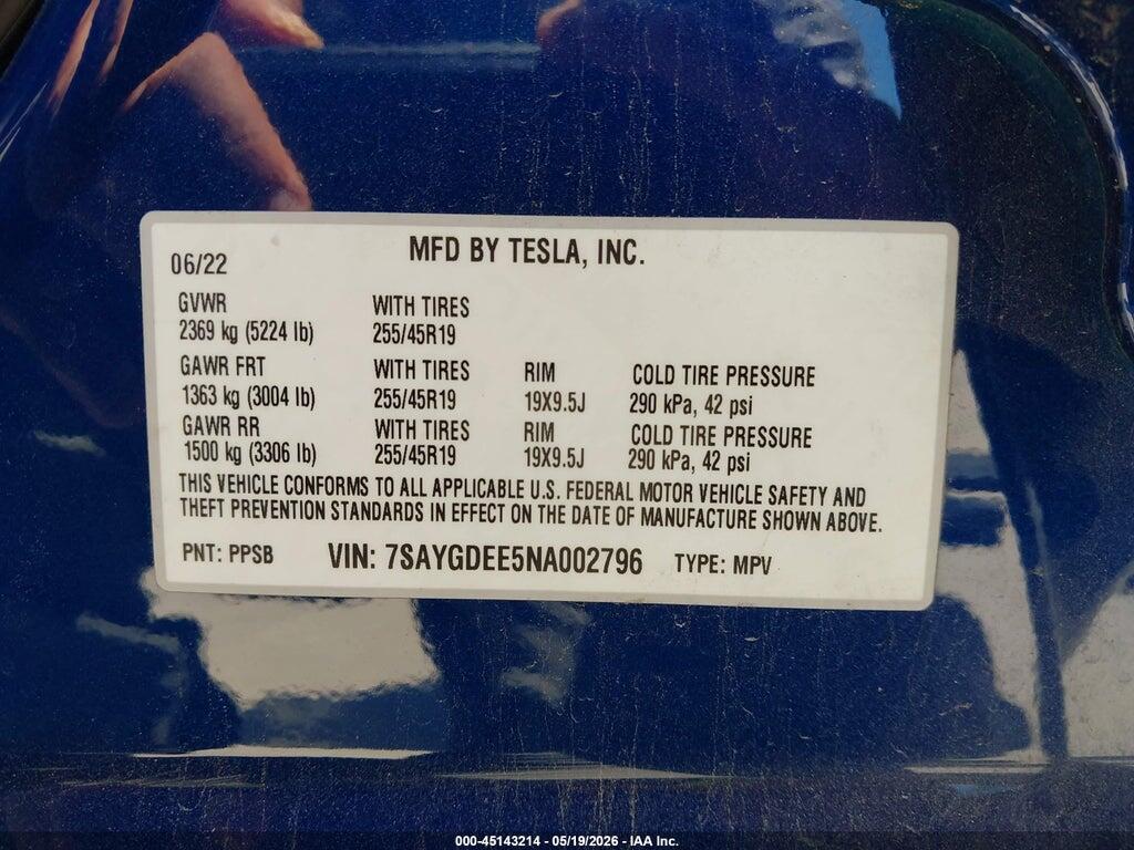 7SAYGDEE5NA002796 2022 TESLA MODEL Y photo no. 9
