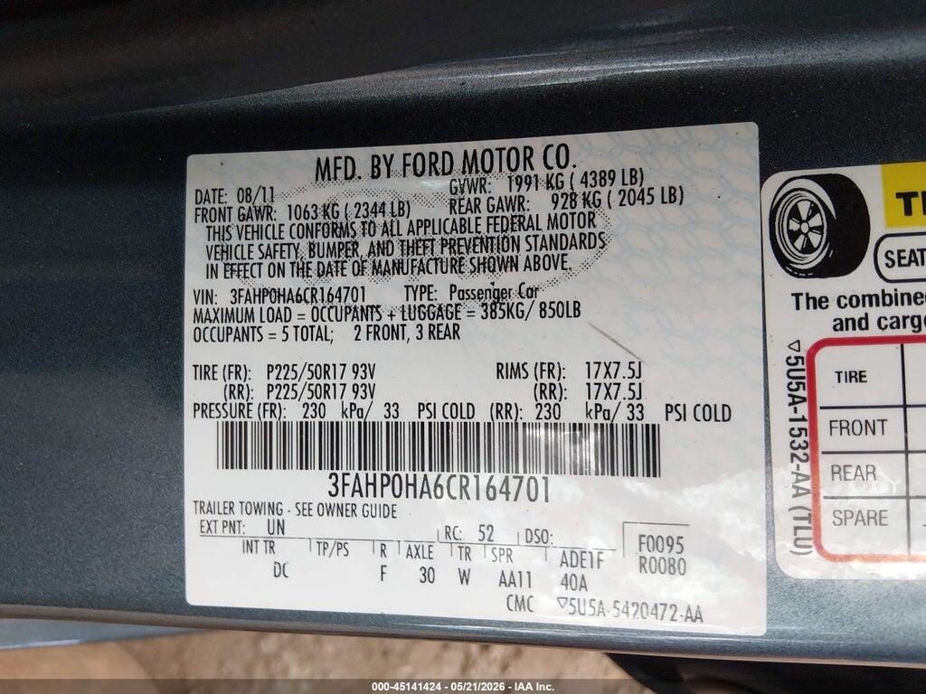3FAHP0HA6CR164701 2012 FORD FUSION photo no. 9