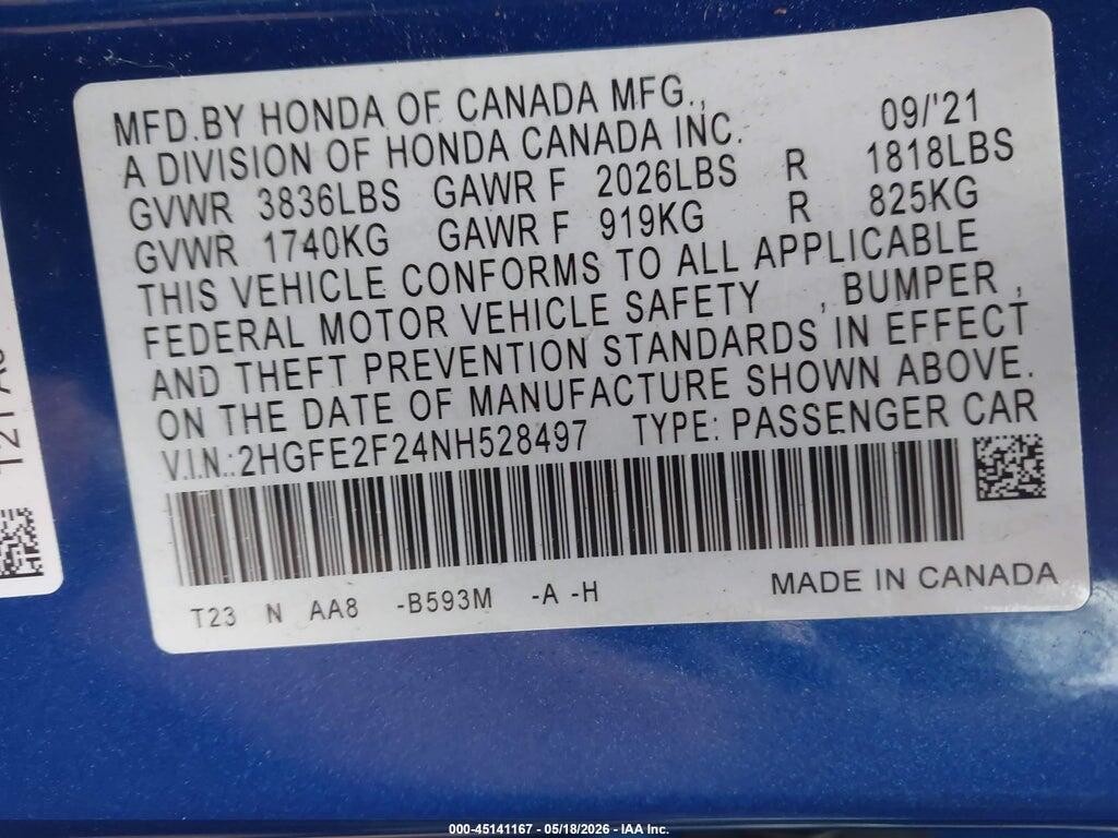 2HGFE2F24NH528497 2022 HONDA CIVIC photo no. 9