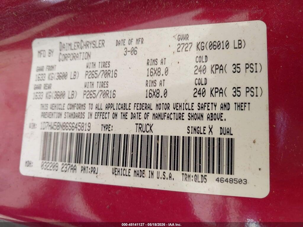 1D7HW58N86S645819 2006 DODGE DAKOTA photo no. 9