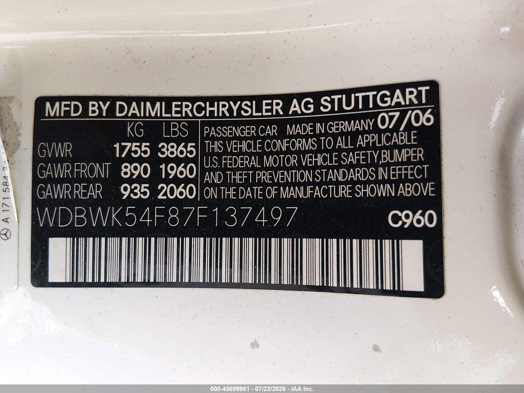 WDBWK54F87F137497 2007 MERCEDES-BENZ SLK 280 photo no. 9