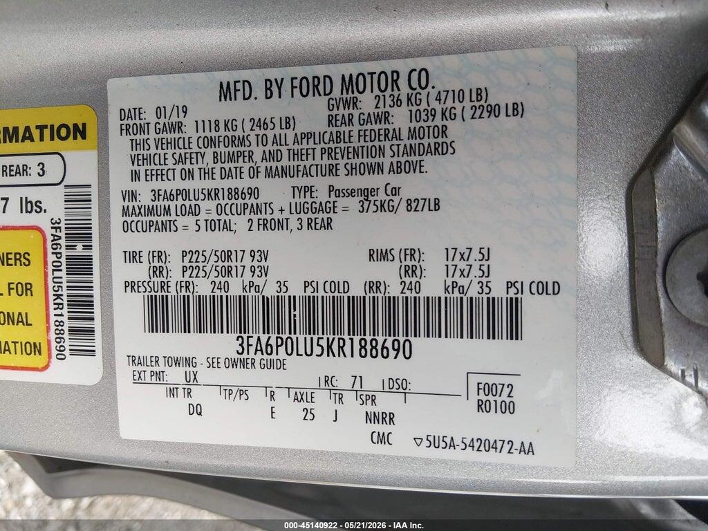 3FA6P0LU5KR188690 2019 FORD FUSION HYBRID photo no. 9