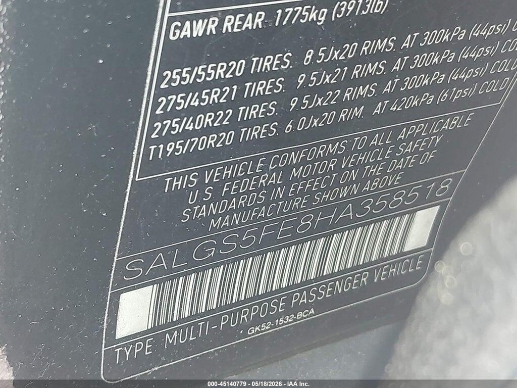 SALGS5FE8HA358518 2017 LAND ROVER RANGE ROVER photo no. 9