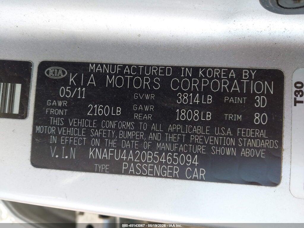 KNAFU4A20B5465094 2011 KIA FORTE photo no. 9