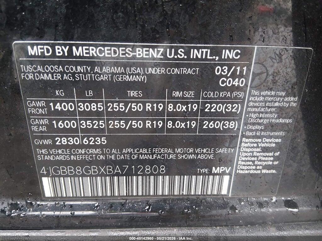 4JGBB8GBXBA712808 2011 MERCEDES-BENZ ML 350 photo no. 9