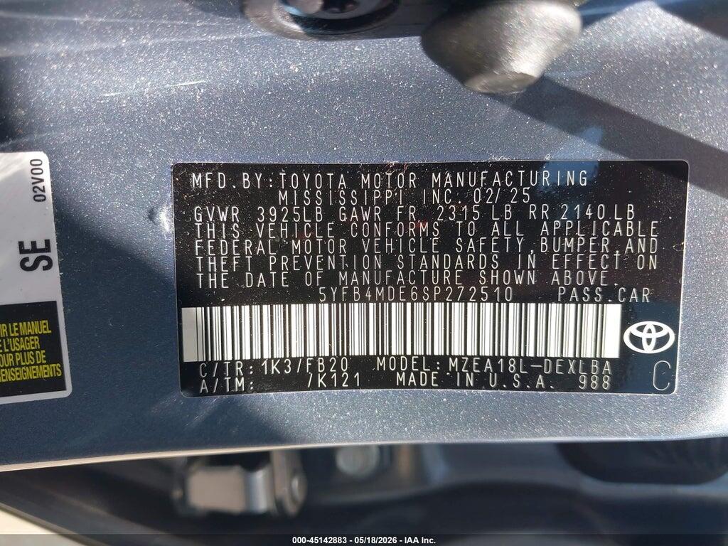 5YFB4MDE6SP272510 2025 TOYOTA COROLLA photo no. 9