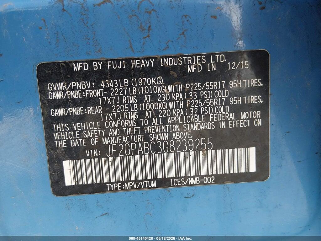JF2GPABC3G8239255 2016 SUBARU CROSSTREK photo no. 9