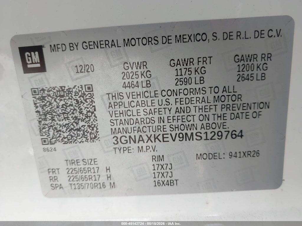 3GNAXKEV9MS129764 2021 CHEVROLET EQUINOX photo no. 9