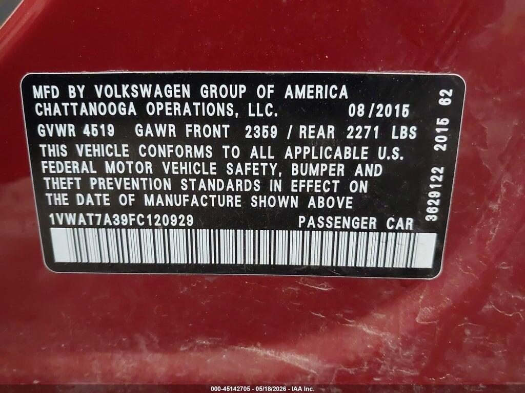 1VWAT7A39FC120929 2015 VOLKSWAGEN PASSAT photo no. 9