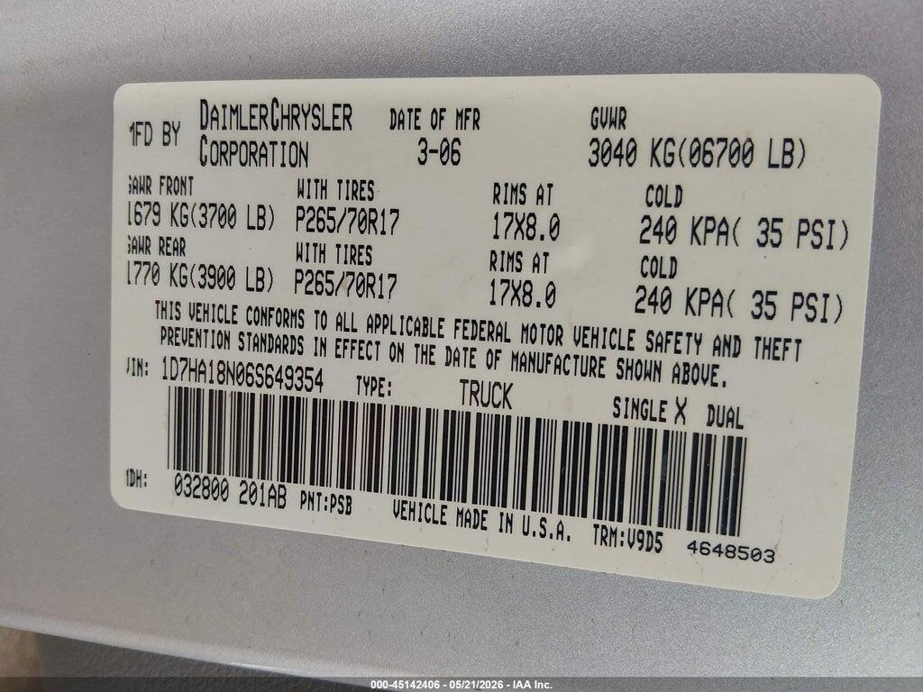 1D7HA18N06S649354 2006 DODGE RAM 1500 photo no. 9