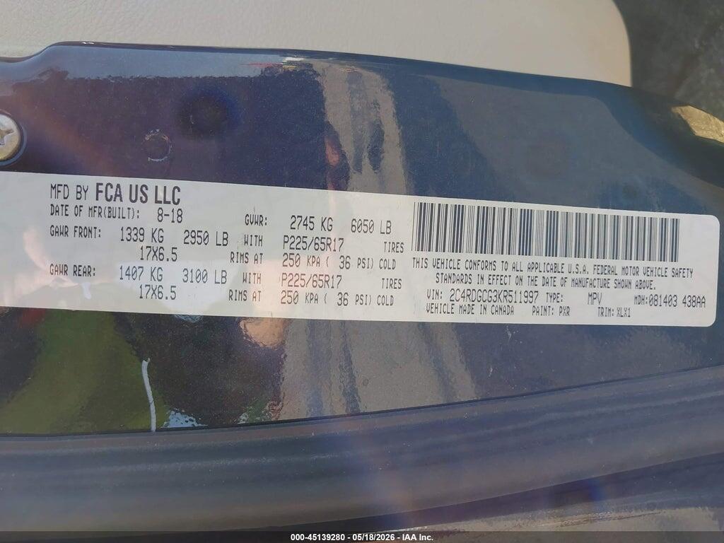 2C4RDGCG3KR511997 2019 DODGE GRAND CARAVAN photo no. 9
