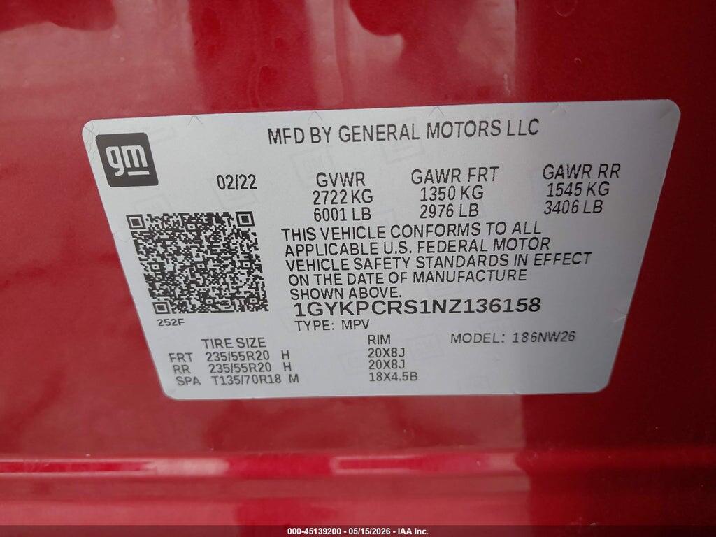 1GYKPCRS1NZ136158 2022 CADILLAC XT6 photo no. 9