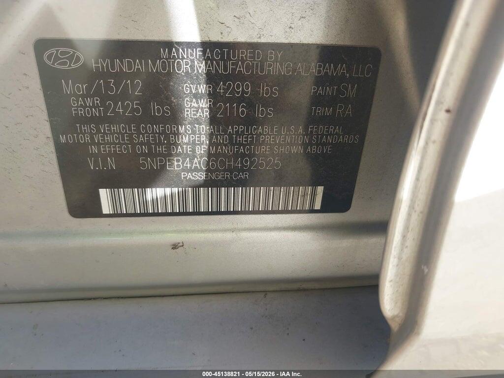 5NPEB4AC6CH492525 2012 HYUNDAI SONATA photo no. 9