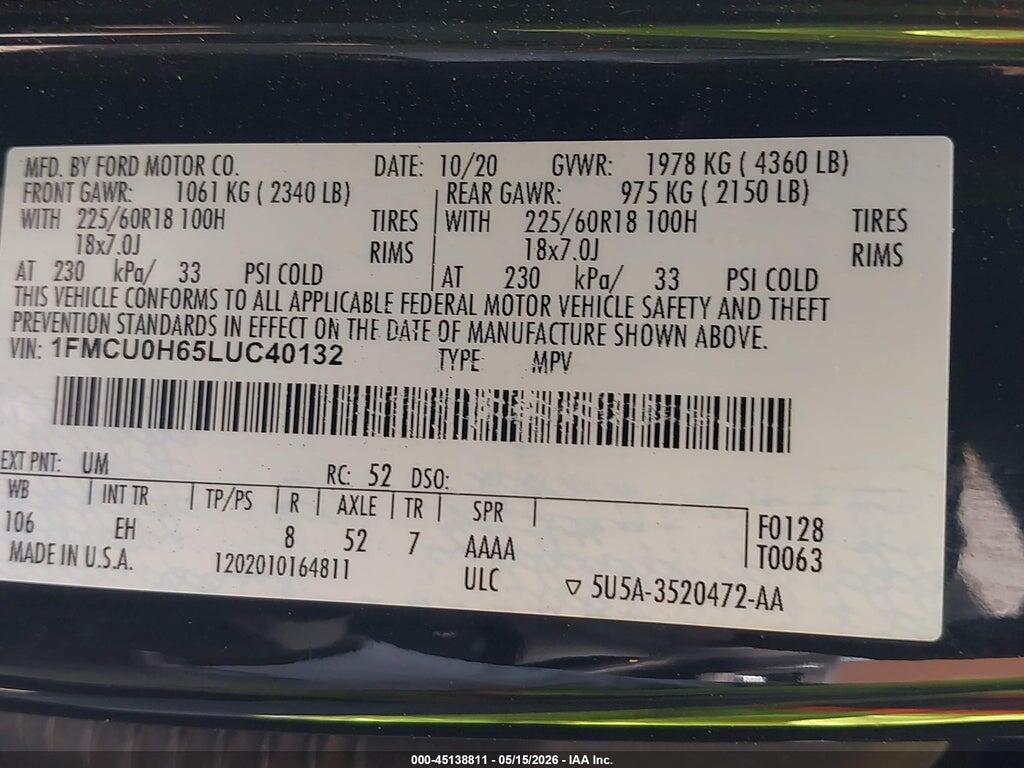 1FMCU0H65LUC40132 2020 FORD ESCAPE photo no. 9