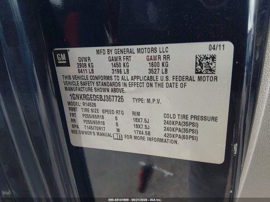 1GNKRGED5BJ367726 2011 CHEVROLET TRAVERSE photo no. 9