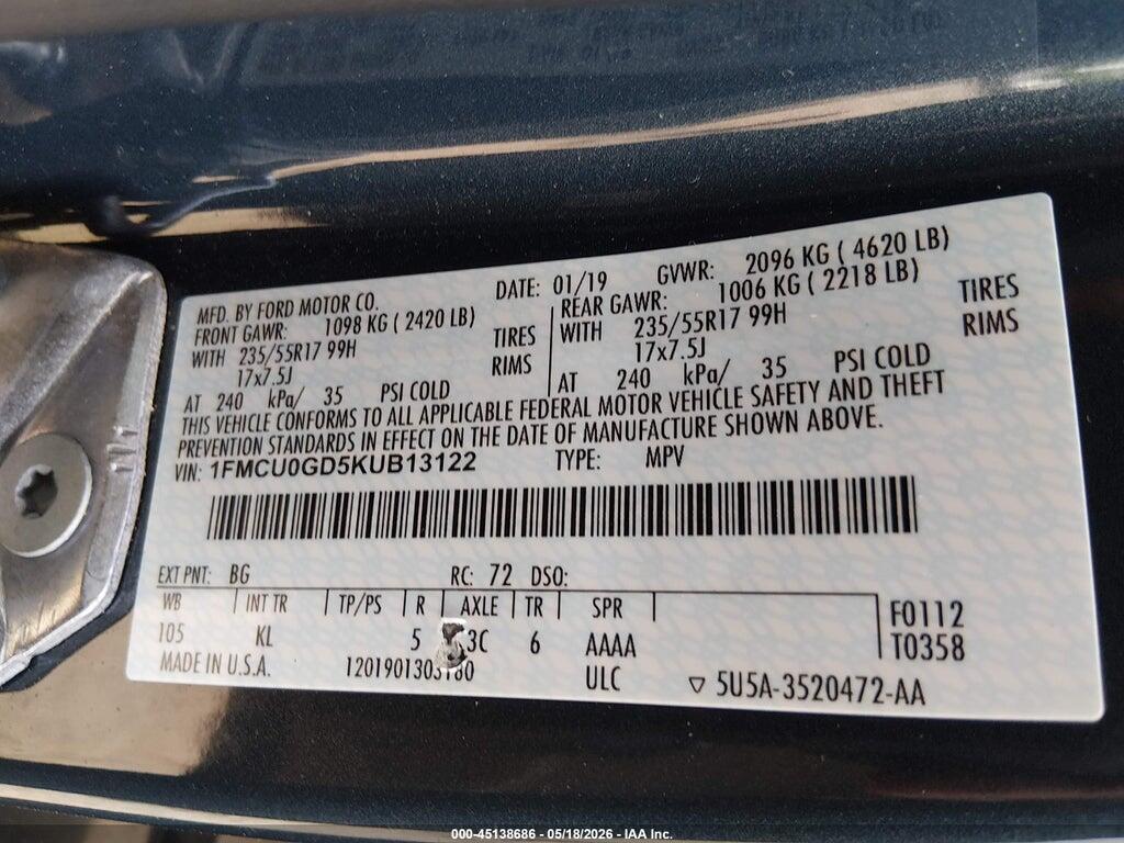 1FMCU0GD5KUB13122 2019 FORD ESCAPE photo no. 9