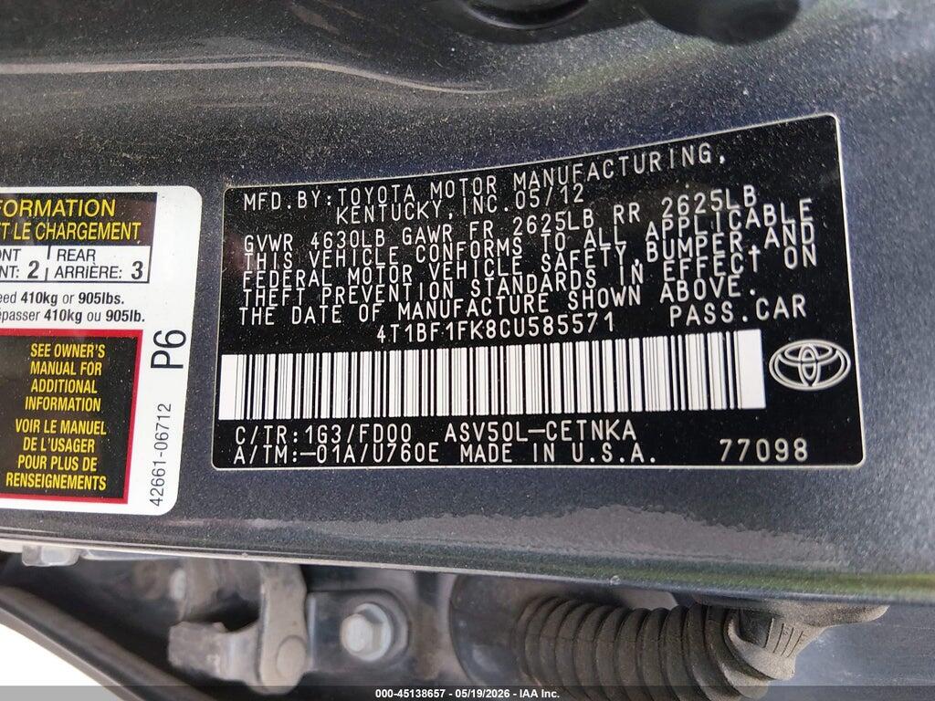 4T1BF1FK8CU585571 2012 TOYOTA CAMRY photo no. 9