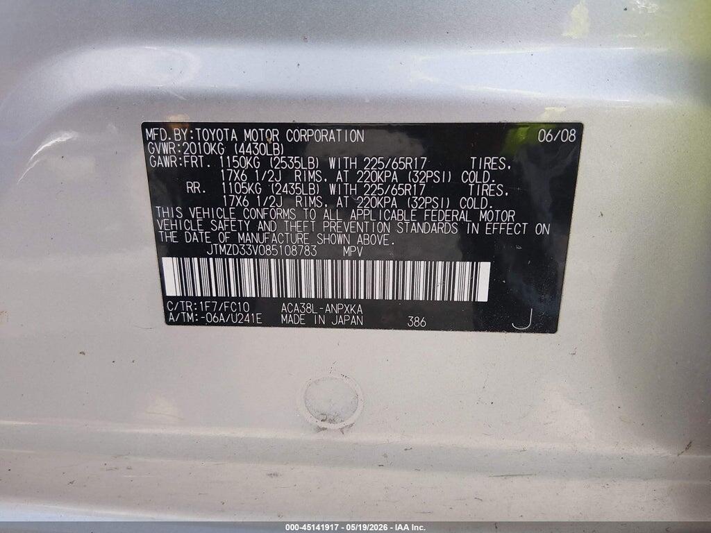 JTMZD33V085108783 2008 TOYOTA RAV4 photo no. 9