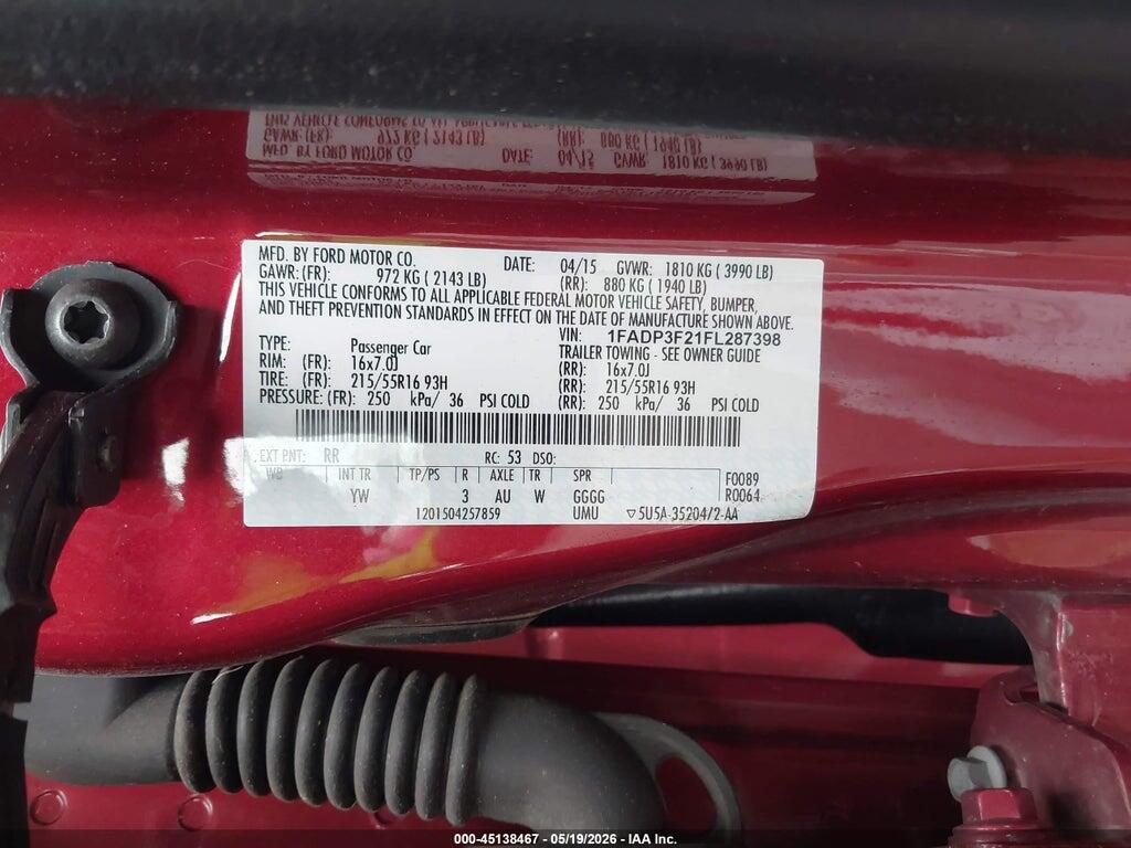 1FADP3F21FL287398 2015 FORD FOCUS photo no. 9
