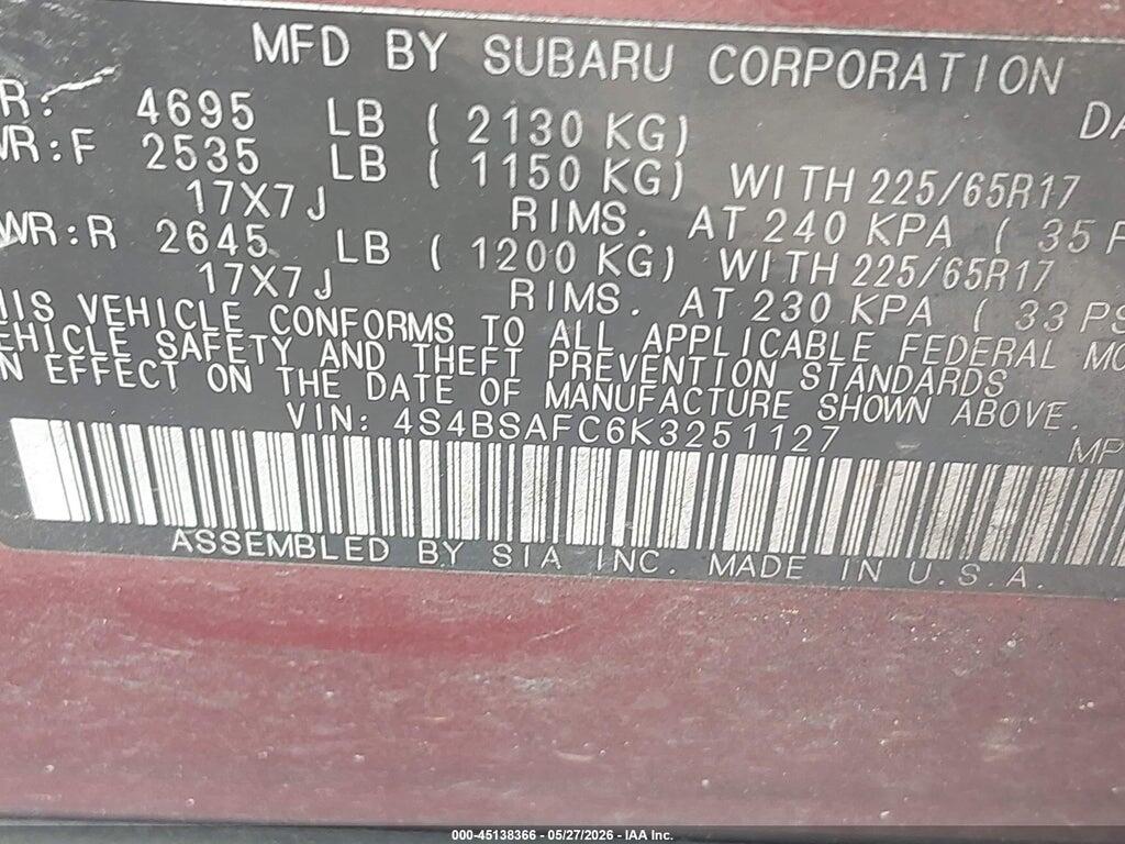 4S4BSAFC6K3251127 2019 SUBARU OUTBACK photo no. 9