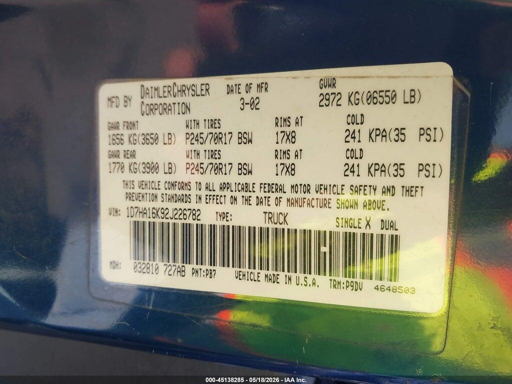 1D7HA16K92J226782 2002 DODGE RAM 1500 photo no. 9
