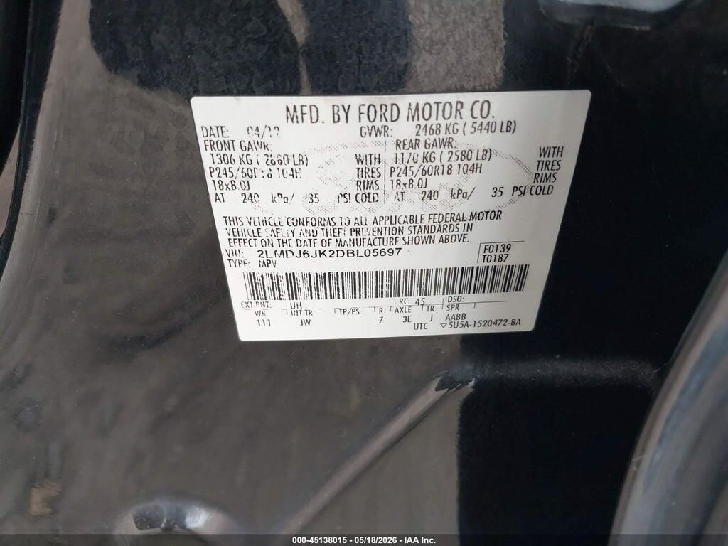 2LMDJ6JK2DBL05697 2013 LINCOLN MKX photo no. 9