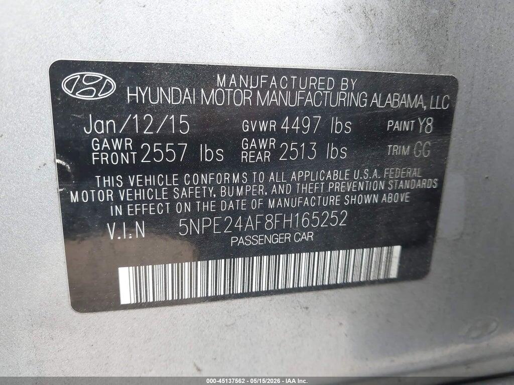 5NPE24AF8FH165252 2015 HYUNDAI SONATA photo no. 9