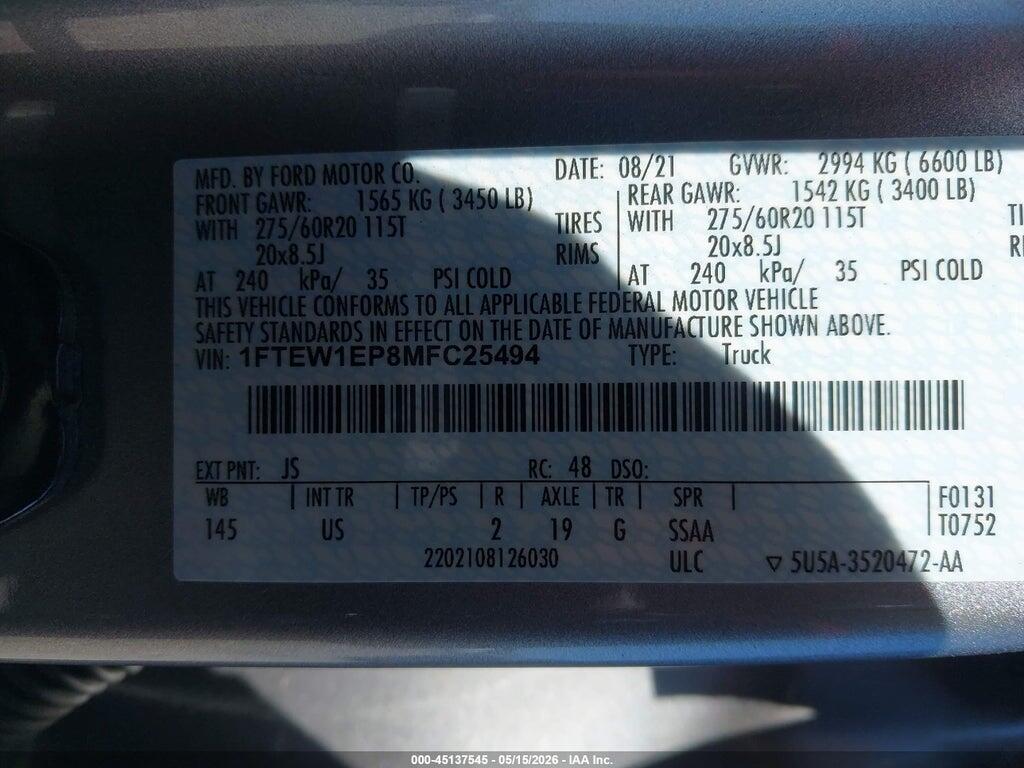 1FTEW1EP8MFC25494 2021 FORD F-150 photo no. 9