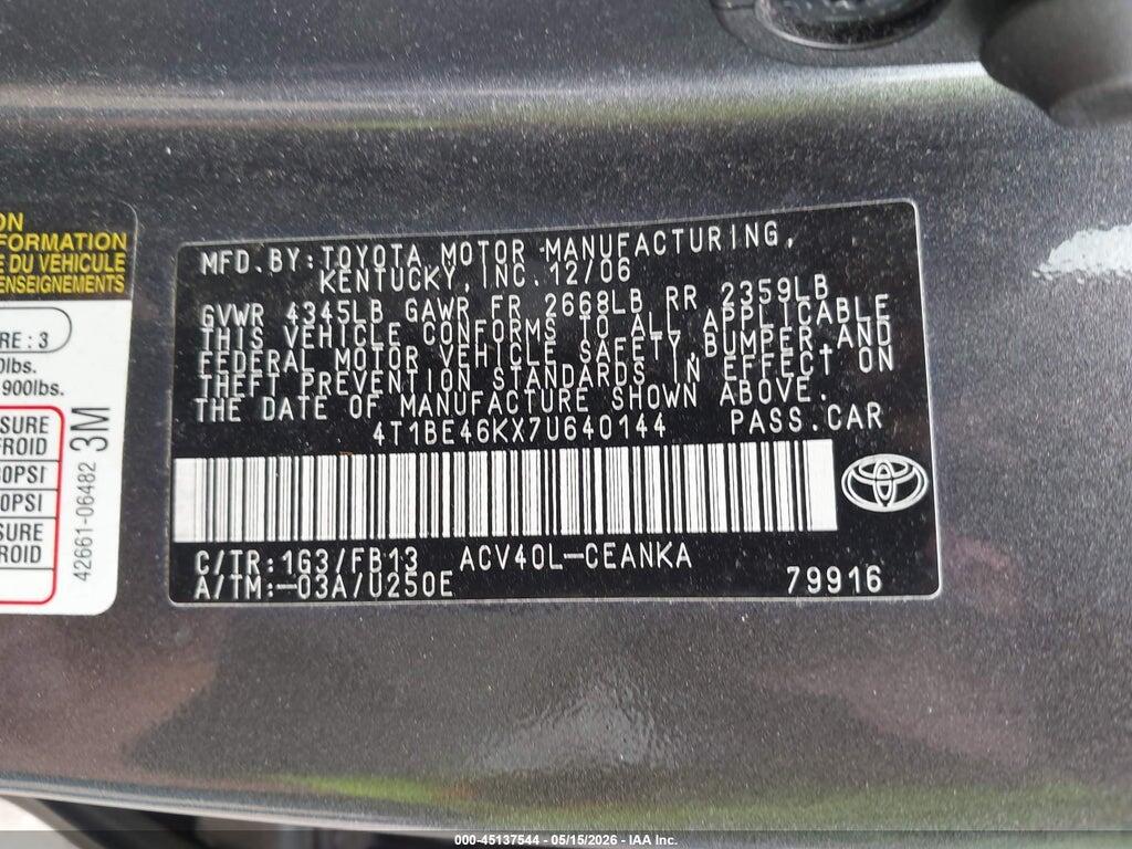 4T1BE46KX7U640144 2007 TOYOTA CAMRY photo no. 9