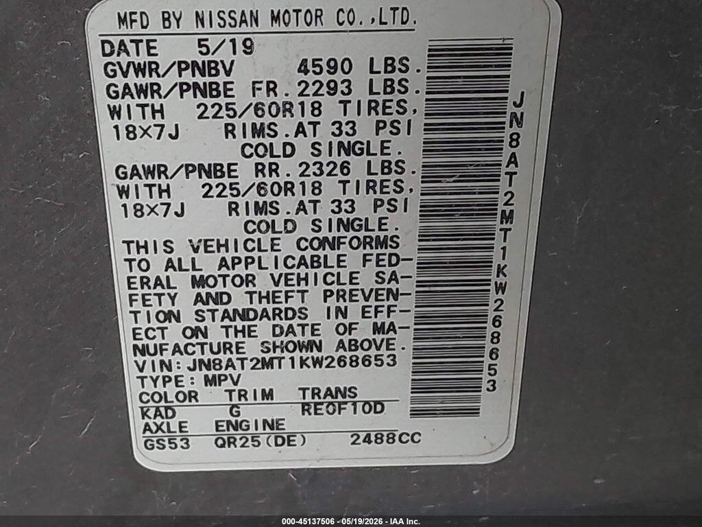 JN8AT2MT1KW268653 2019 NISSAN ROGUE photo no. 9