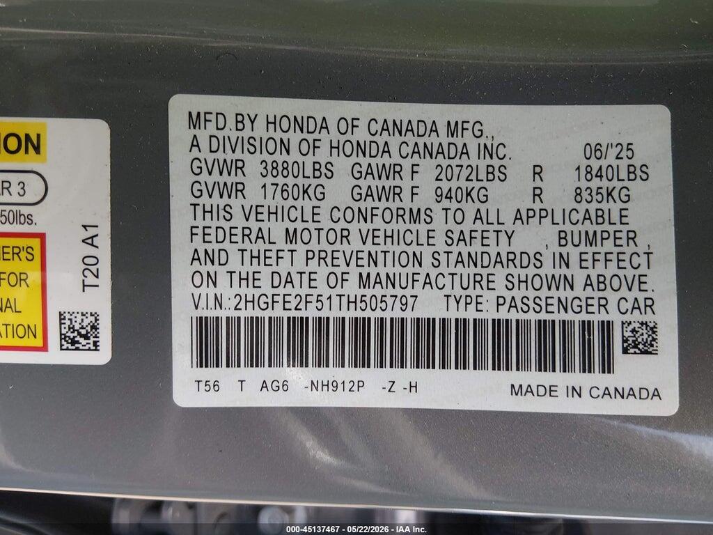 2HGFE2F51TH505797 2026 HONDA CIVIC photo no. 9