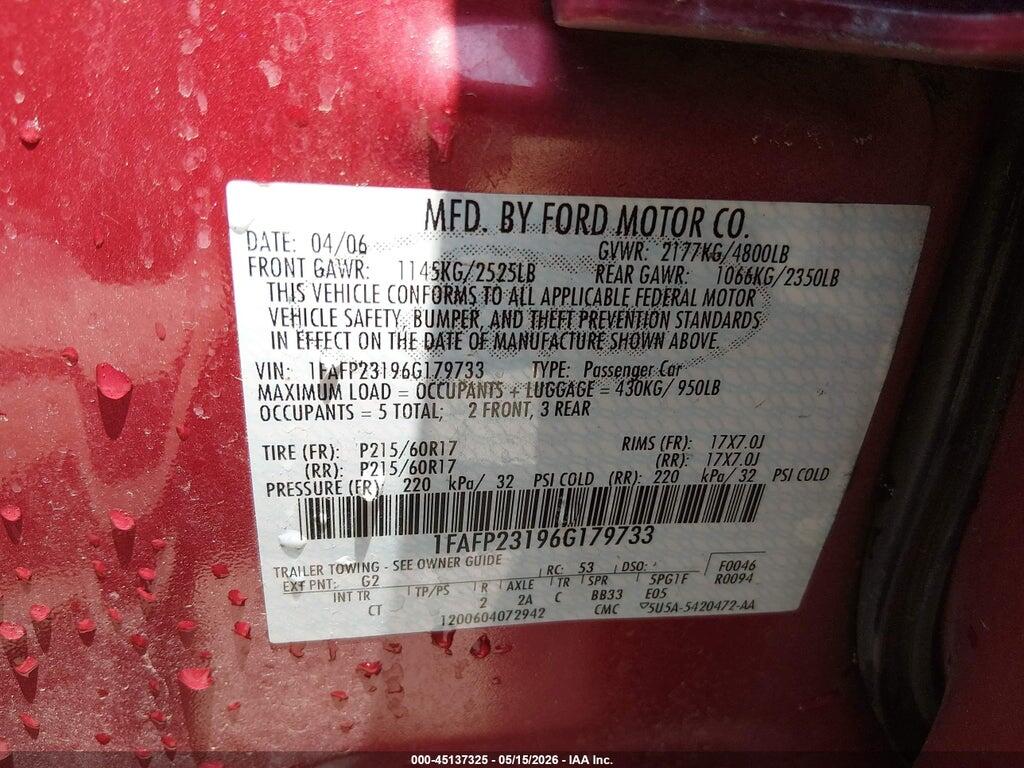 1FAFP23196G179733 2006 FORD FIVE HUNDRED photo no. 9