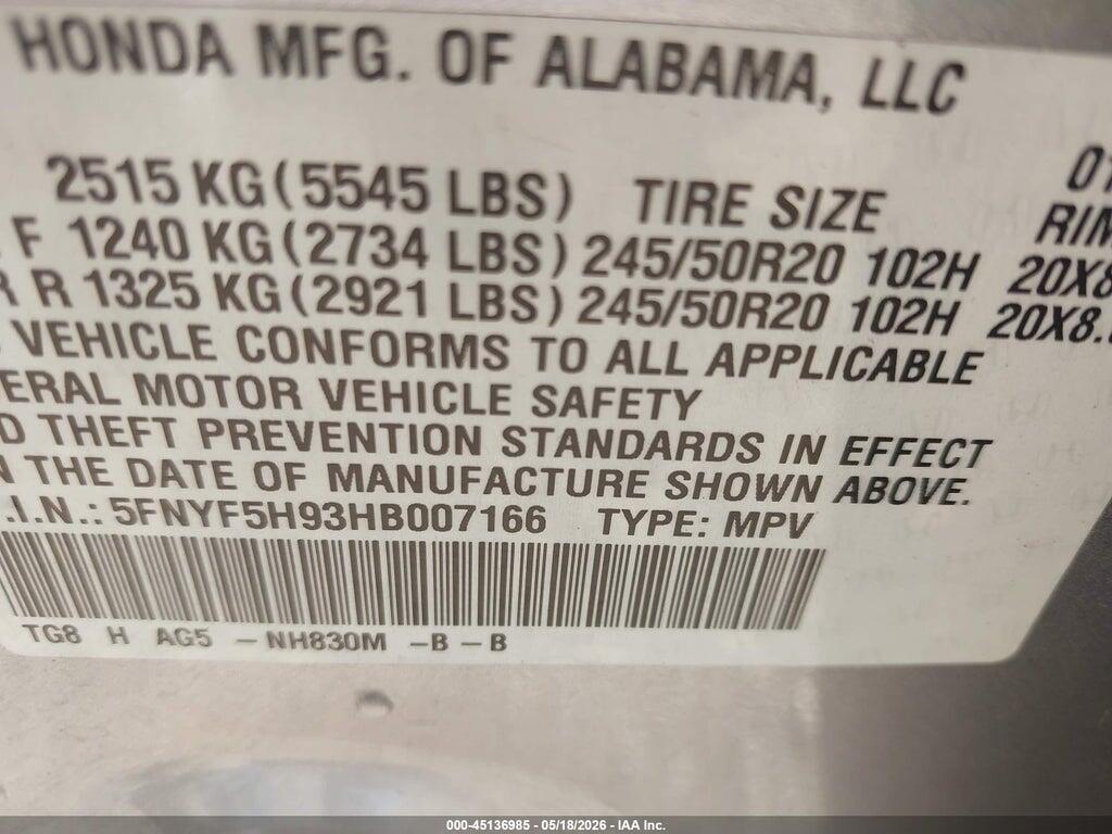 5FNYF5H93HB007166 2017 HONDA PILOT photo no. 9